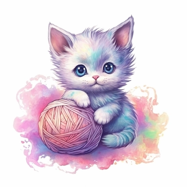 A drawing of a kitten holding a ball of yarn.