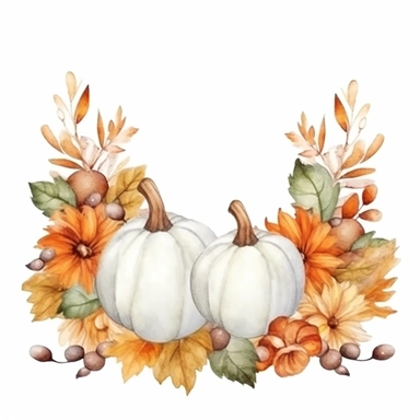 acuarela, marmita con caramelos, rodeada por el exterior de flores y calabazas, clipart, fondo blanco