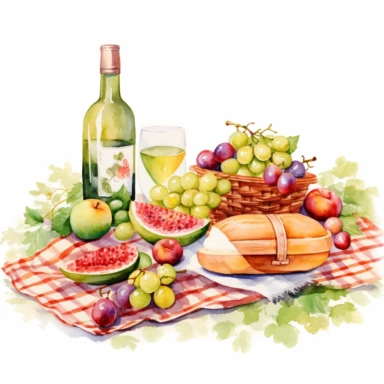 summer picnic watercolor, clipart, cosy, mediterranean, narrow angle shot, grapes, apple, peach