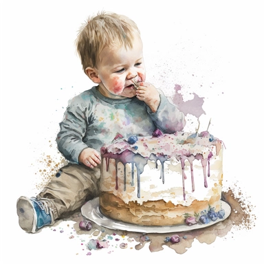 a first birthday cake with watercolor effect,a little happy boy eating the cake,suitable for digital clipart,white background