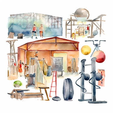 A school gym clipart in the style of watercolor illustrations, white background