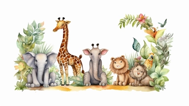 watercolour illustration, jungle smash cake scene, brown and white spotted balloon arch, fairy tale, jungle fairy tale, leaves and paper animals giraffe tigue leon , clipart, sublimation graphics, by Beatrix Potter, watercolour clipart, unique design, print on demand image, transparent PNG background, white background, 8k