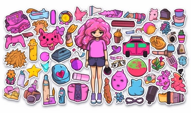 cute stickers, bold line, clipart, sticker, white background, no shadow, 8k detail, Barbiecore, female, hot pink, trend, hyperfemme, feminine, woman, doll, dopamine dressing, bright, colorful, perfection, joyful, consumer culture, toy, gender, aesthetic, Barbie-themed, fashion, style, accessories, makeup, hair, social media, empowerment, self-expression, body positivity, inclusivity, retro, nostalgia, childhood, rebellion, individuality
