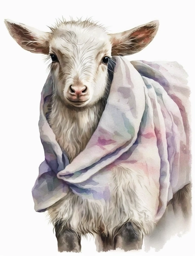 baby goat in a blanket, watercolor clipart, transparent background