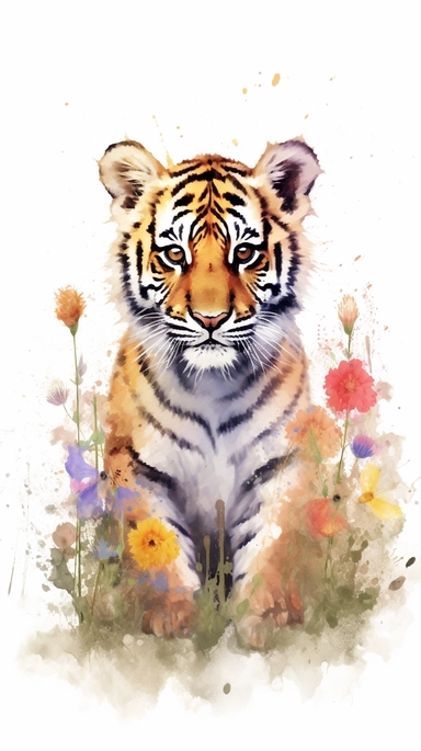 A tiger small baby cub standing amidst a field of wildflowers, with the wind blowing through its fur, exuding strength and courage, Watercolor clipart with bold brushstrokes and vibrant colors, emphasizing the tiger's majestic presence, watercolor clipart, white background