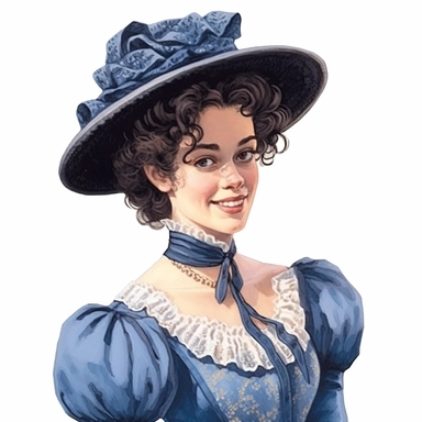 beautiful victorian lady with the skin condition Vitiligo, looking left, victorian hairstyle, victorian hat, Victorian era clothing, beatiful smile, realistic inverted portrait white background, high quality, hyper-realistic, Victorian Lady Clipart,blue dress