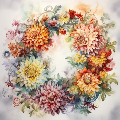 Watercolor Painting of beautiful multi - headed Chrysanthemum Wreath FLOWERS on white background DETAILED ILUSTRATION, Flora Design Patterns, Flemish Baroque by Rachel Ruysch, Behance, Rococo, Intricate Detailed, Soft Light Effect, Oil Paint Strokes, Light Academia Aesthetic Flowers, Lighting cinematic, all shown shimmering stamens, tyndall light, texture, colorful, 8k, fantasy, ray tracing, vivid, spectacular lighting, octane rendering, highly detailed, ultra - realistic, white background, clip