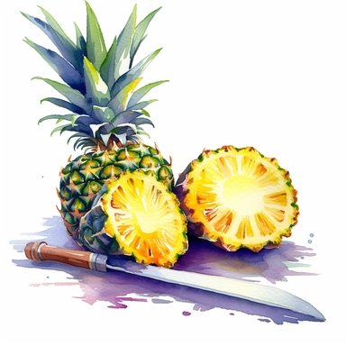 watercolor, white background, no text, no stains, clarity picture, high quallity, dynamic colors, High-Resolution, Color Preservation, Noise Reduction, Sharpness Boost, Saturation Control, The clipart depicts a vibrant pineapple that has been sliced in half by a sharp knife. The knife is positioned precisely between the two pineapple halves, forming a striking composition at the center of the clipart. The pineapple exhibits its recognizable texture and golden color, with its spiky green crown vi