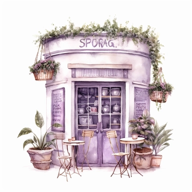 commercial shot of realistic vintage purple pastel french cozy cafe clipart, cute plants , french cafe, with plants plants, god rays, high quality, intricate design, clipart witchcore dreamcore cottagecore white background no text, isolated on white, ghibli style, award winning
