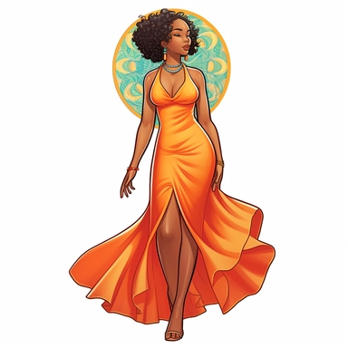 ultra realistic, clipart, hand-drawn, young African American woman is wearing a vibrant and colorful orange halter sundress that fits her curvy hips perfectly. The dress has a flowing and breezy fabric that moves with the gentle summer breeze. The halter neckline accentuates her shoulders and arms, and the back of the dress is open, revealing her glowing skin. She completes her outfit with a pair of simple and elegant sandals that complement the dress's floral pattern. Her long straight silk pre