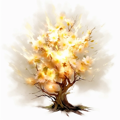 cherry blossom banana oak tree, oak white fire flame, light, golden sun, mighty flowers, pristine, sparkling, white flame, fire light mega epic flowers of epicness, cool and spiky, owning everything, floral art, no background, beautiful, no text, clipart, watercolor