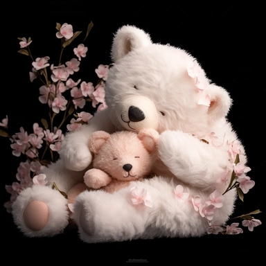clipart of fluffy baby teddy bear sleeping in her mother's arms, cute, soft and mellow colors, cherry blossome environment, octan renderer, dept of field black background, cutout