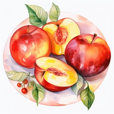 An apple fruit with a slice cut out, placed on a plate or tray with other fruits or desserts , Watercolor, pastels, clipart, beautiful, colourfull, png transparent white background, high resolution, no caption q4 s2