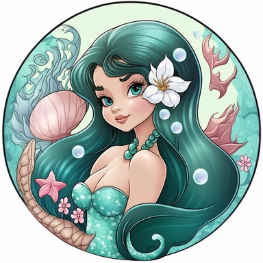  free to use and share no trademark clipart detailed cartoon style cartoon of black Ariel mermaid Ariel the little mermaid sticker with black hair long flowing mermaid beautiful sparkling diamonds in hair and white pearl necklace Clipart image shimmer and shells and starfish all around pastel light colors gorgeous hyper realistic big glass blue eyes for detail the hyper cartoon clipart image - <@1057524283733192725> (Waiting to start) - <@1057524283733192725> (31%) (relaxed) - <@1057524283733192