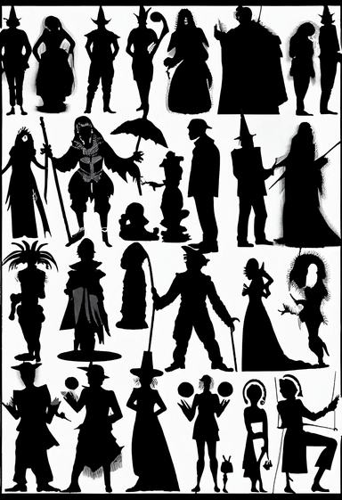 silhouettes of swindlers, monks, demons, mythological characters, disguised people, magicians, fools, lunatics, soldiers, priests, devils, fauns, angels, jugglers, cops, clowns, madmen. Bizarre, whimsical, random, victorian, theatrical, funny. Black and white clipart collection, white background