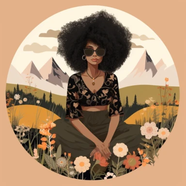 llustration of black woman, with an afro, boho modern aesthetic, cottagecore, avacadopunk, surrounded by florals, soft hues, sitting in a meadow, looking relaxed, flawless line work, low detail, clipart, isolated on white background