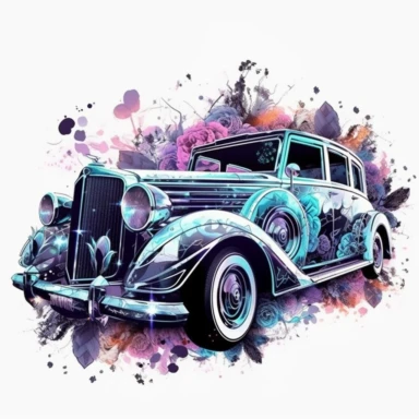 A stunning old retro car takes center stage in a Tron-inspired landscape, Limousine retro car, clipart, floral, watercolor splash, lavender. The classic car boasts futuristic modifications, including neon accents and sleek digital paneling, merging the elegant lines of the vintage vehicle with the high-tech aesthetics of the Tron universe, white background, splash