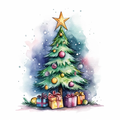 watercolor, Christmas tree decorated with stars and gifts - Clip art of a decorated Christmas tree or evergreen. png Full body realistic cartoon in 32K UHD cute. 15 cm thick outline. Black color. There was no shadow on the ground. 8k with realistic watercolors. and detailed illustrations. PNG clipart, transparent white background