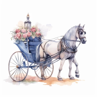 single vintage wedding horse-drawn carriage clipart, in the style of watercolor on a white background