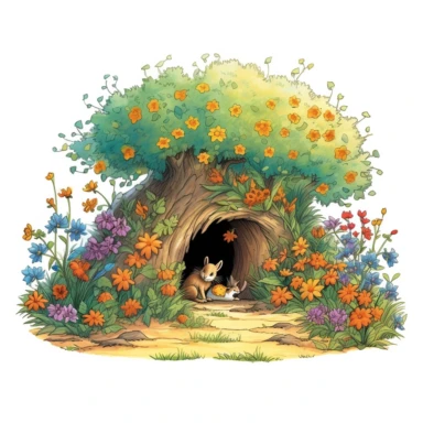 an empty bustling burrow beneath a blooming bush clipart, in the style of colorful realism, children's book illustration style, Leo Timmers illustration style, white background