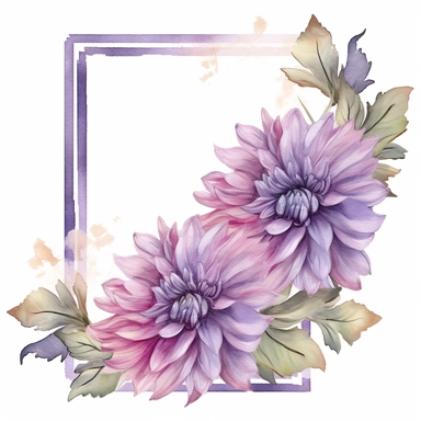 a floral frames made with Soft Purple and Pastel Purple Dahlia flowers, wet on dry watercolour style, antique look, clipart, white background