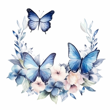 frosty white butterfly clipart with flower border, white background, watercolor, vector
