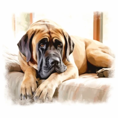 A serene and peaceful portrayal of an English Mastiff lying down in a cozy corner of a home, emphasizing its calm and gentle temperament, with soft lighting and cozy elements like blankets or pillows, with a white background and watercolor clipart.