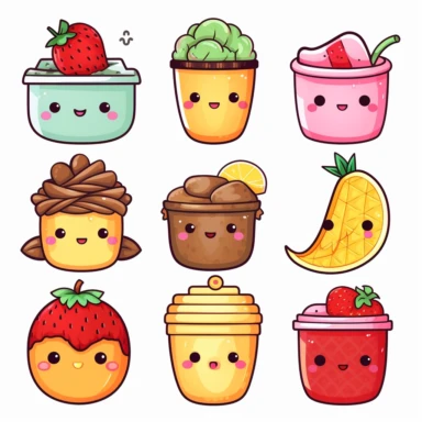 kawaii nutella, Apple, Orange, Pineapple, Watermelon, Berries, Strawberry, banana, and Drinks, clipart, isolated white background, 8k