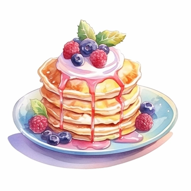 picturesque,bright luxury pancake on a cute pretty plate, 3-tier pancakes topped with Fresh cream and ice cream topping, icon clipart on white background, watercolor, detailing in pastel colors, high quality, painted by Beatrix Potter, 8k,