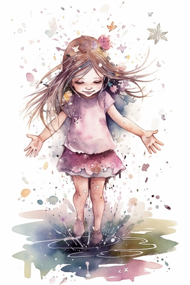 pale soft pink color little girl, 5 years, long hair, little shoes, jumping in a water puddle, water splashes around her, with flower headband, in the style of whimsical, stars, moon, detailed character illustrations, book illustration, watercolor style, textured paper, white background clipart