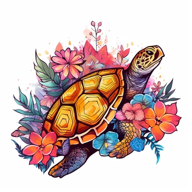 Vector Graphics turtle clipart Example: Midjourney image of a vector graphics turtle and flowers clipart with a white background sticker