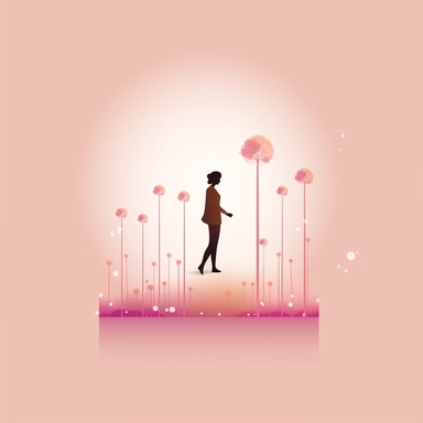 very basic forms illustration clipart, with very basic colours, light pink and brown shades, representing the success that women are constantly looking for, with a small silhouette of a lady walking towards the goals, with tiny flowers, very minimalist