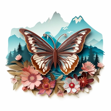 clipart butterfly with flowers, in the style of mountainous vistas, paper sculptures, multilayered realism, multilayered, light blue and brown, paper cut-outs, bold, colorful, large-scale