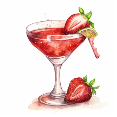 hand drawn strawberry Rita in a margarita glass, very detailed and realistic, watercolor, white background with margins, clipart style — uplight