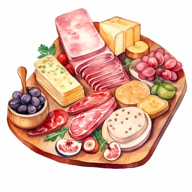 Watercolor charcuterie platter with salama pastrami jambon sausage nicely placed along with cheese on a very large wooden flat plate or cutting board, illustrations clipart set, simple, soft colors, cartoon elements, different variants, cheese from around the world, wooden elements, separate elements with a margin