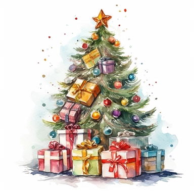 , Beautiful decorated christmas tree with presents, isolated on white background, watercolor, high detail, unique, intricate detail, hand - painted lateral view, clipart, transparent background, clear background, high resolution, watercolor, vector, 12k, 300 dpi, 12: 12 ratio
