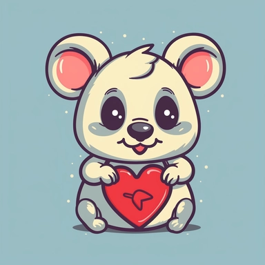 Create a clipart image of a cute cartoon-style animal holding a heart. The animal can be any type, such as a bear, rabbit, or fox, and should have large, expressive eyes and a friendly demeanor. The heart should be a bright, bold color, such as red, pink, or purple, and should be large enough to be easily visible. The background of the image should be a solid color, such as white or a pastel shade, and there should be some subtle shading or texture to give the image depth and dimension. The clip