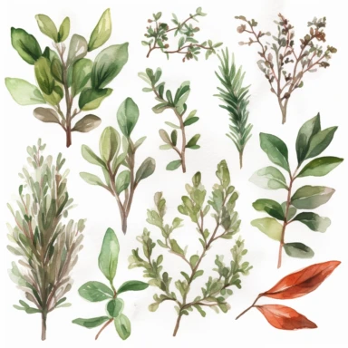 Generate watercolor clipart of kitchen herbs and spices, such as rosemary, basil, thyme, and cinnamon. Choose a color palette that is both soothing and appetizing to make the clipart stand out, white background