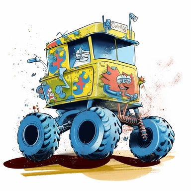 spongebob square pants in monster truck clipart, in the style of ultrafine detail, the blue rider, peter max, high-angle, sparse use of color, scientific illustrations, precise nautical detail