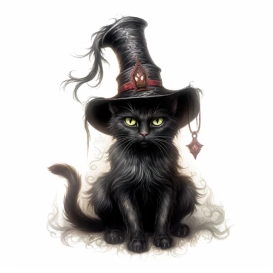 gothic style, witch's black cat with a witch's hat, dynamic pose, hyper-realistic painting, magical, fantasy, wicked, mystical, intricate details, clipart, white background
