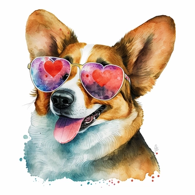 A cartoonish watercolor clipart portrait of a corgi wearing heart-shaped sunglasses, with a white background. The corgi has a playful and romantic expression, with its tongue out or a kissy face. The clipart has a cute and charming style, with a lot of glitter and sparkles on the glasses