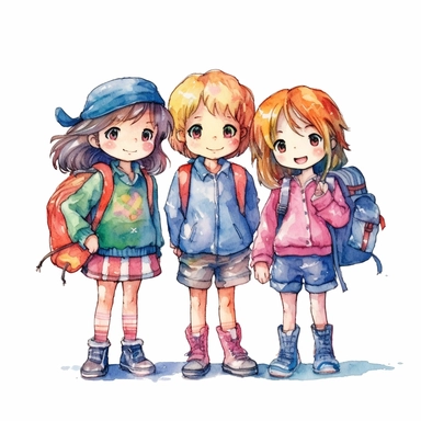 cute children back to school clipart, new normal, in the style of vibrant manga, single object, watercolor illustration, high definition 24k, white background for removing background