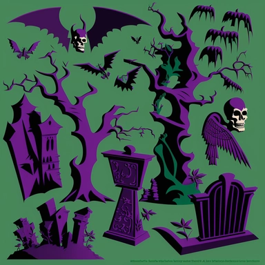 clipart model sheet of various psychobilly elements of design like dead trees, bats, coffins, that would fit in a psychobilly style Hawaiian pattern, using black, purple and green