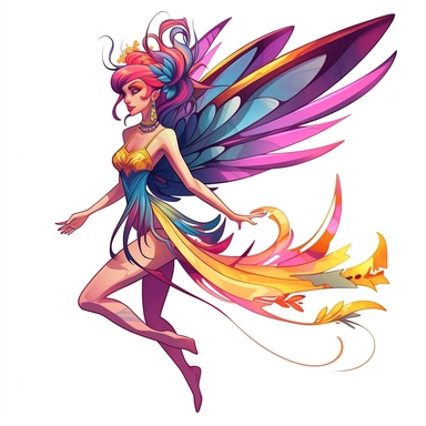 clipart, a beautiful lone fairy flying in the styles of Michal Lisowski and Cory Loftis, pink, blue, oragne and yellow, isolated on a white background, entire design should fit on the page
