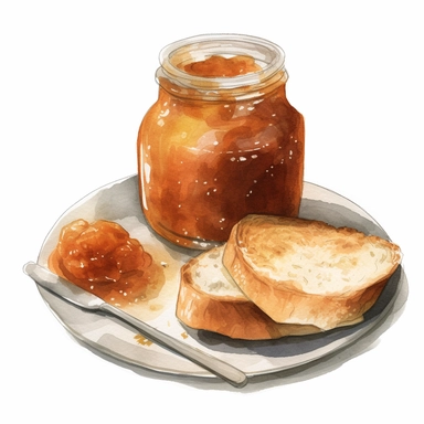 create a stunning waterclor clipart high quality high detail clipart illustration of an old fashioned mason jar of spiced pear jam, include a small decorative plate with a piece of bruchetta toast with spiced pear jam spread on it, no font no text, white background, no watermark