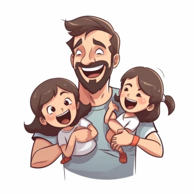 Father and daughter playing or laughing together, sticker style vector illustration for t - shirt, clipart, white background