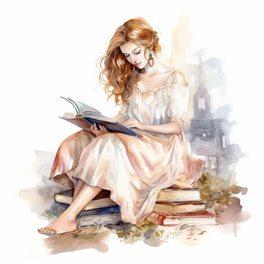 beautiful girl reading, illustration for book lover, in the style of romantic academia, pretty, realistic watercolor paintings, transparent/translucent medium, clipart, isolated on white background, pont-aven school, dusty piles, optical