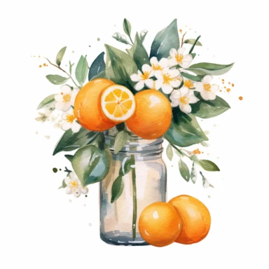 Create a watercolor oranges clipart with glass nd bouquets