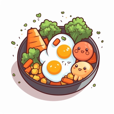 clipart of a vegetable dish with broccoli carrot potato and egg kawaii style white background