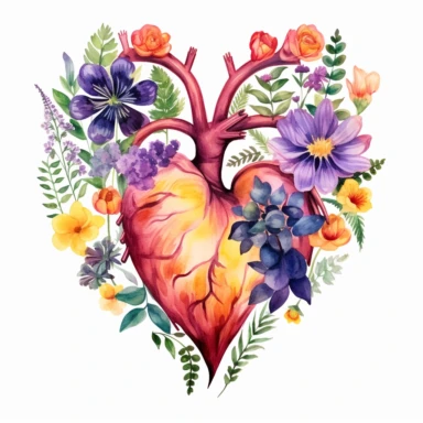 Generate a beautiful digital watercolor clipart illustrating wildflowers growing from a human heart, replacing the traditional vase. The art should evoke a sense of spring, with a variety of wildflowers and other flowers in vibrant, spring-like colors. The heart from which the flowers grow should be detailed and realistic, adding a touch of whimsy and symbolism to the piece.